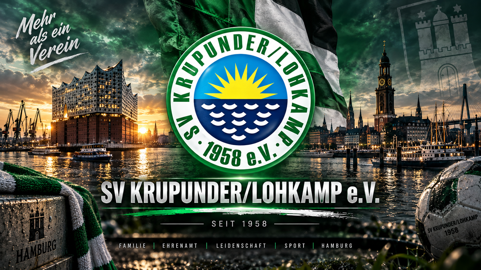 Mehr als ein Verein – SV Krupunder/Lohkamp seit 1958, mit Vereinswappen vor der Hamburger Hafenkulisse